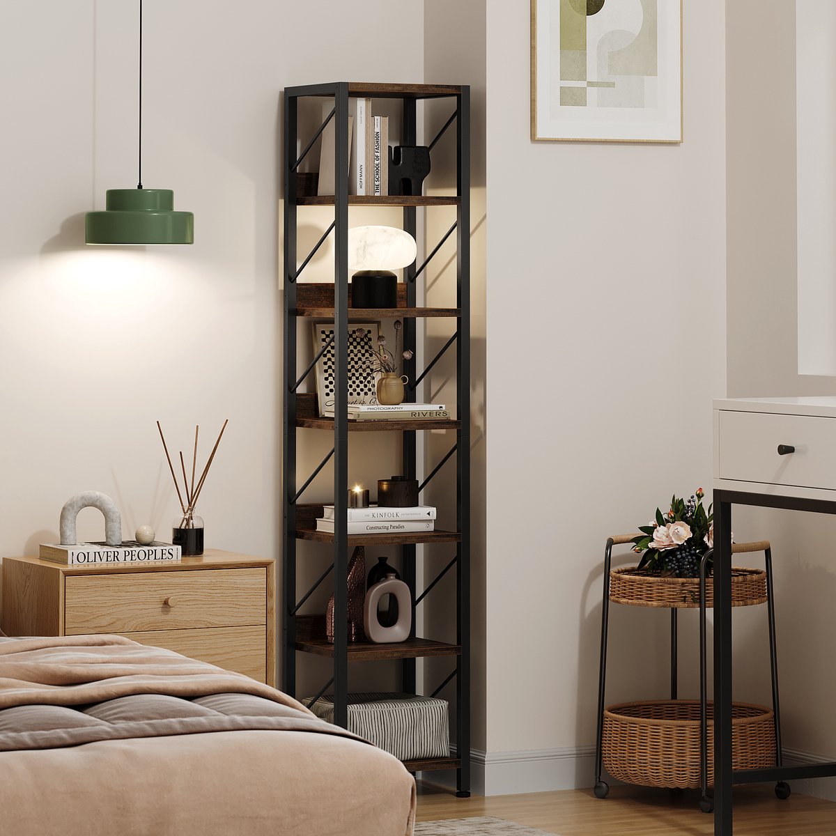 Smalle Boekenkast 6 Lagen - 35x30x168cm - Hoge Boekenkast - Rustieke Planken - Industrieel Metalen Frame - Hoek Opbergrek Klein - Voor Slaapkamer Woonkamer Kantoor - Bruin