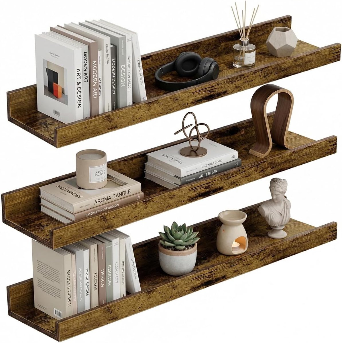 SnelShoppen - Vintage Wandplank 60 cm - Bruin - 3 Grote Zwevende Planken - MDF Houtlook - Ideaal voor Woonkamer, Kantoor, Decoratie en Opberging