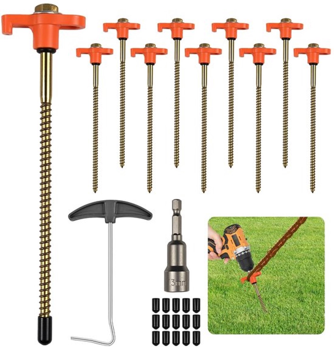 12 stuks tentnagels, draaibare tentnagels met draad 20,5 cm, haringen grondpennen stabiel, schroefnagels, campingaccessoires met spijkertrekkeradapter voor accu-schroevendraaier schroevendop