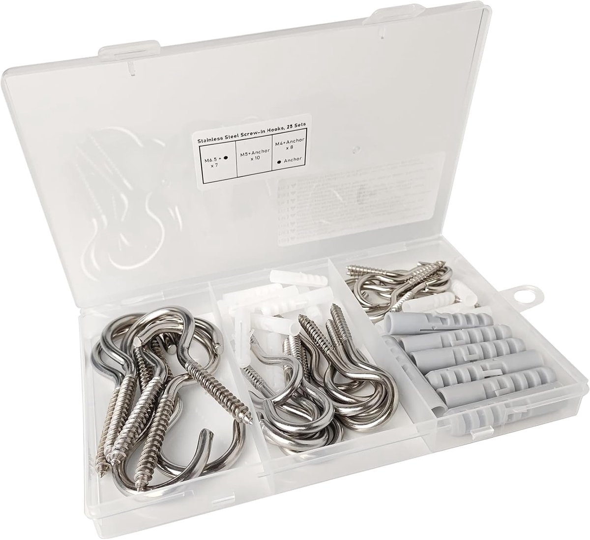 SnelShoppen - Screw Hook Set 304 RVS - 25 Stuks M4 (8), M5 (10), M6.5 (7) - Wand- en Plafondhaken voor Binnen en Buiten - Roestvrij - Ideaal voor Opsl