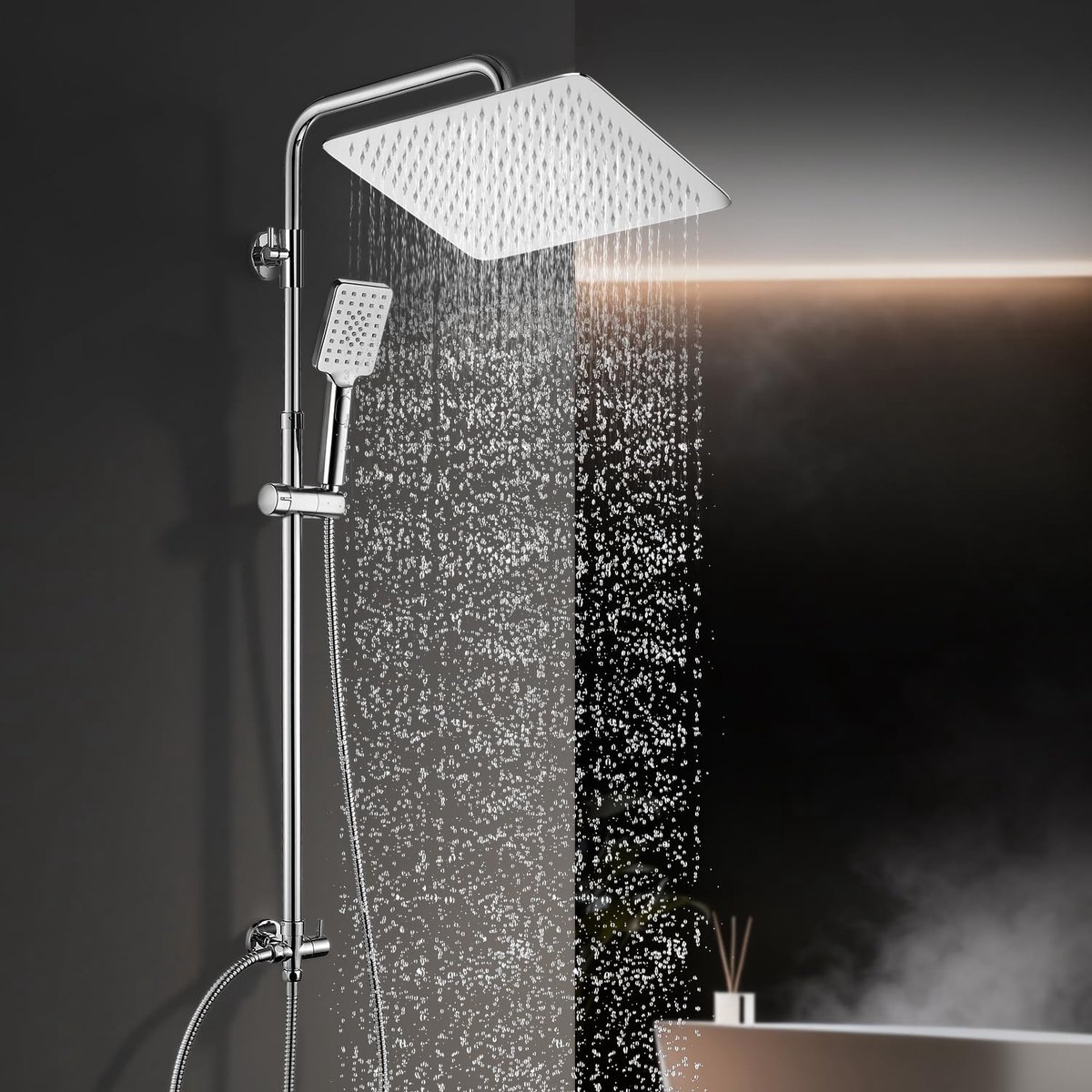 SnelShoppen - Stainless Steel Douche Set - XXL Regen Douchekop 30x30 cm, Handdouche met 3 Stralen, Antikalk Nozzles, Ultra Dun, Douche zonder Mengkraa