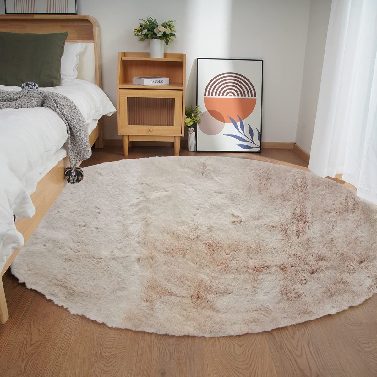SnelShoppen - Hoogpolig Vloerkleed Beige Ronde 240 cm Antislip Zacht Pluizige Shaggy Faux Fur Wasbaar Fluffy Tapijt voor Woonkamer Slaapkamer