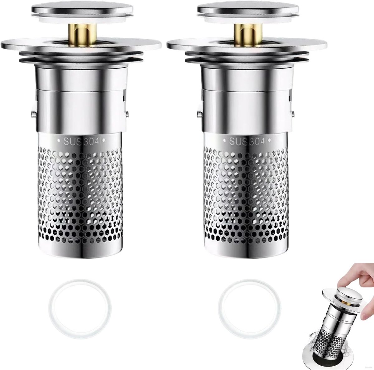 Bouchon lavabo 2pcs - Pop-up met filter - Universeel voor wastafel 34-40 mm - Voorkomt verstoppingen - ShopVlot