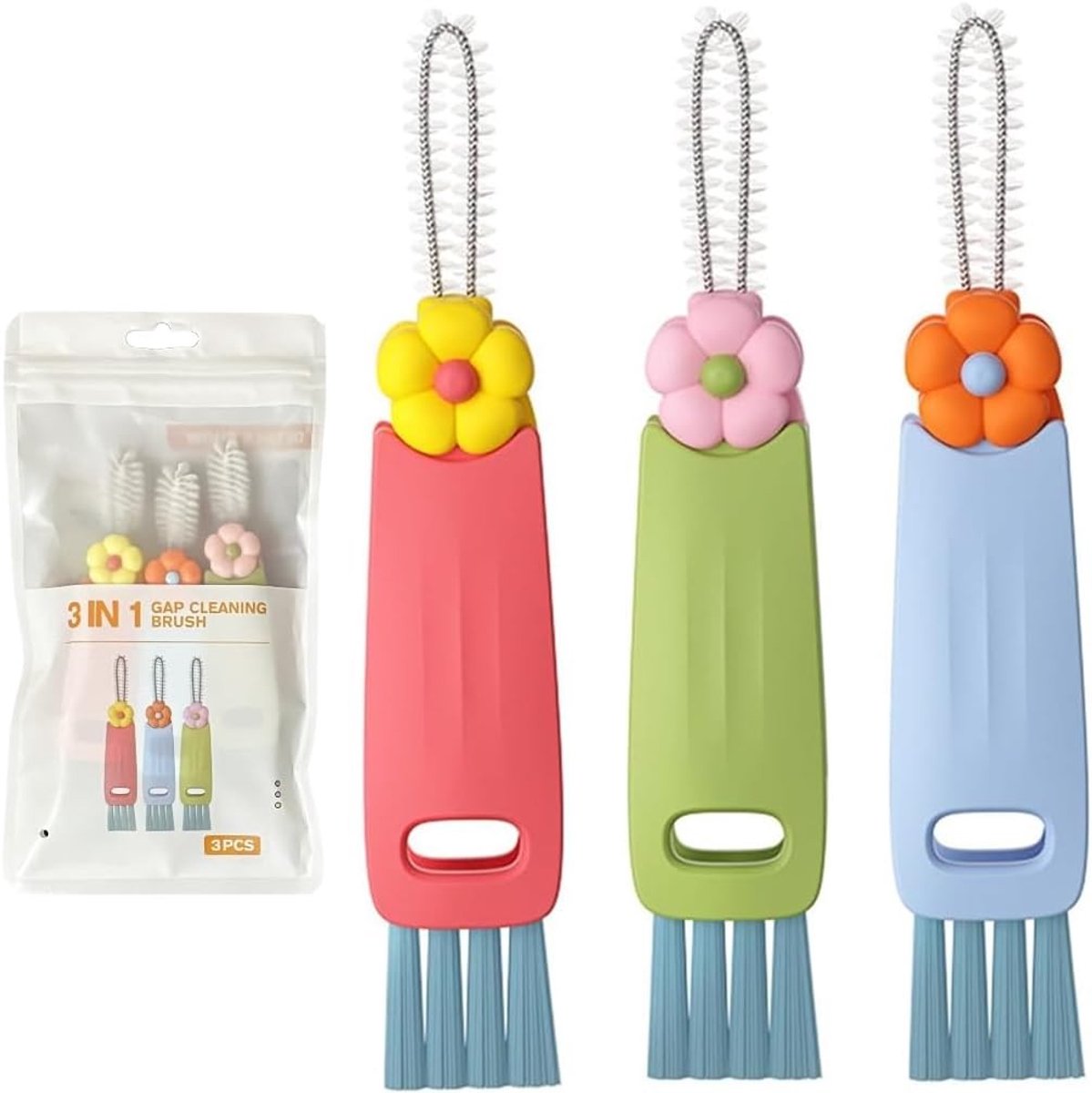 Set van 3 schoonmaakborstels voor deksels, multifunctionele borstel voor spleten en flessen, ideaal voor kopjes en gebruik in de keuken