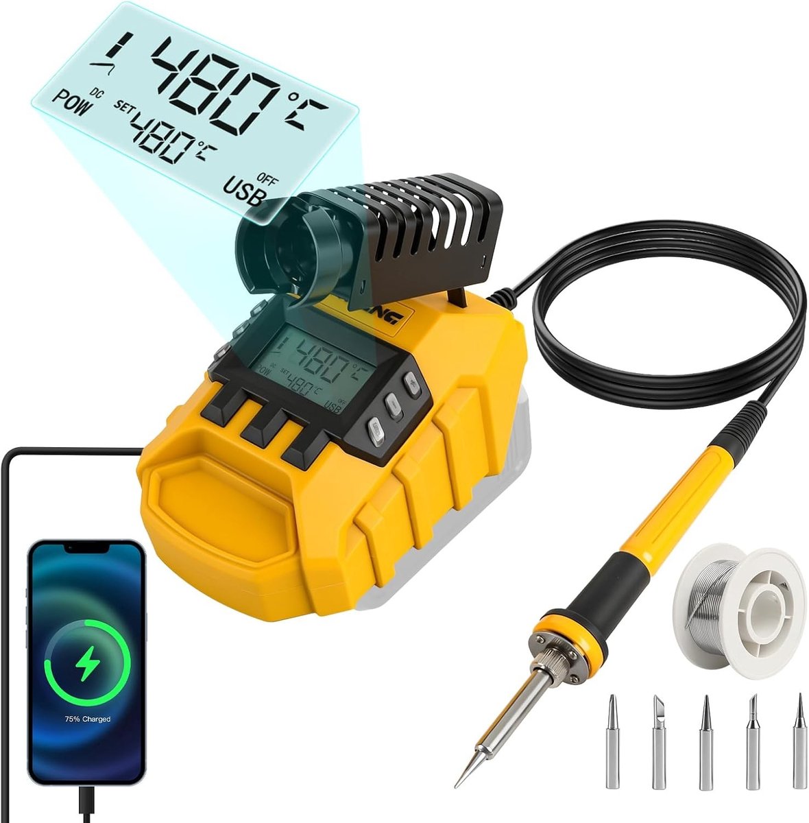 Solderingsstation voor 18 V / 20 V accu's, 60 W met digitaal display, temperatuurregeling van 200-400 °C, snel opwarmen, 5 soldeerpuntjes en USB/Type-C oplaadfunctie