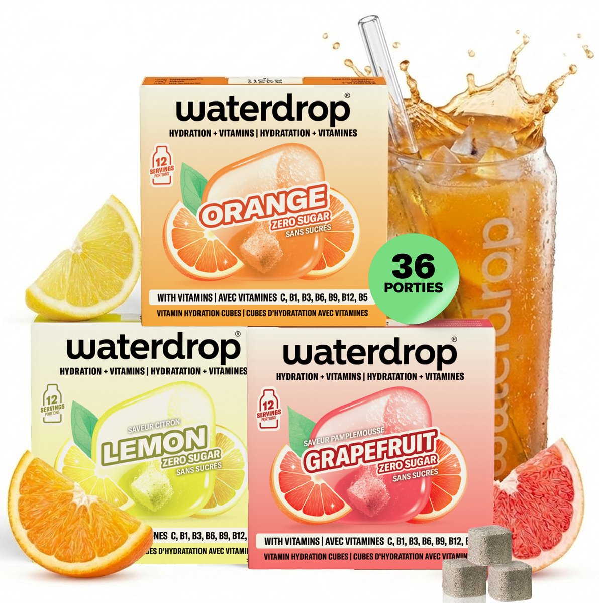 waterdrop® Microdrink Limonade Proefpakket – 36 Bruistabletten in 3 Smaken – Sinaasappel, Citroen & Grapefruit – Suikervrij, Met Vitamine B & C, Vegan & Glutenvrij – Minder Plastic, Meer Smaak