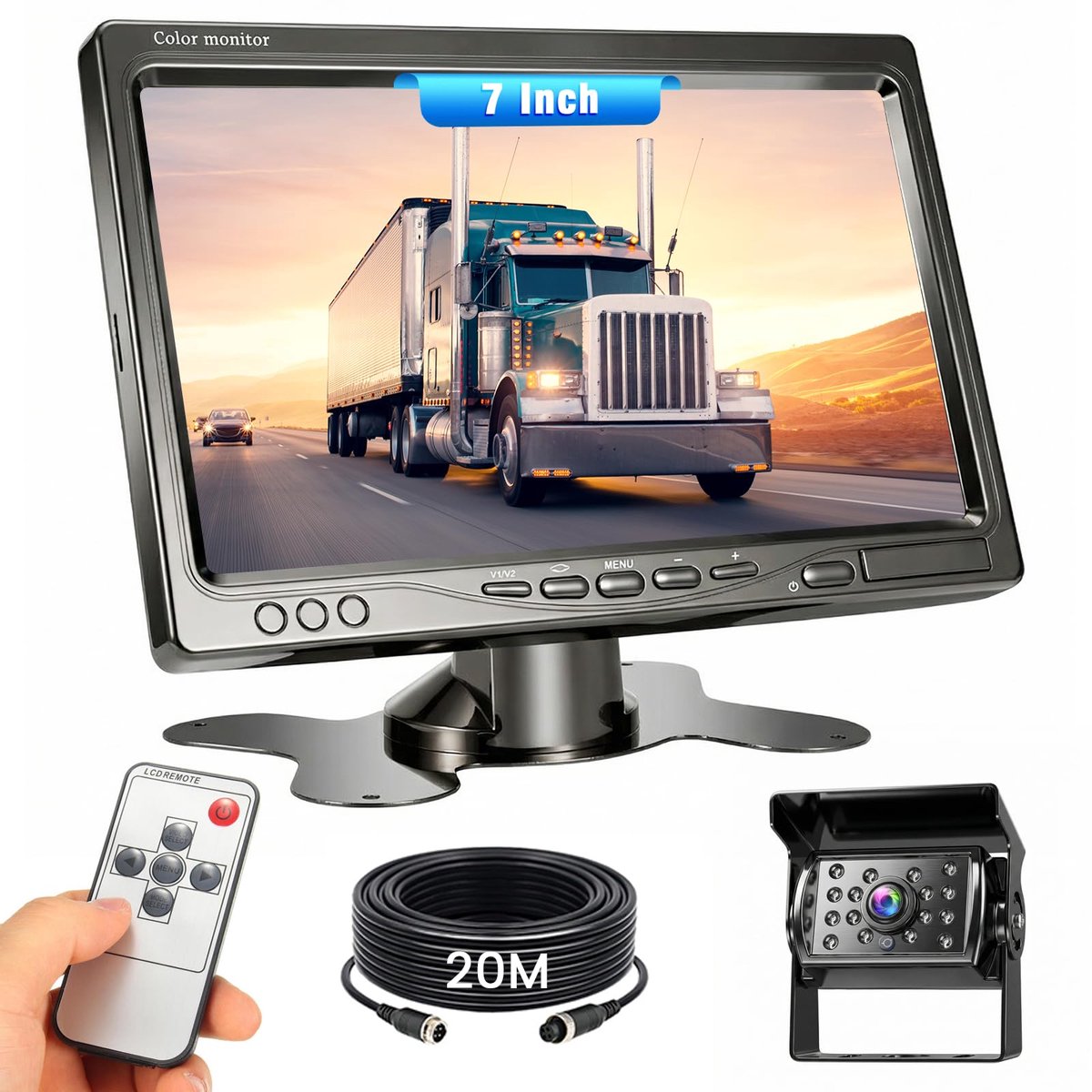 SnelShoppen - Achteruitrijcamera set met 7 inch monitor, IP68 waterdicht, nachtzicht, 12V-24V, 20m kabel voor auto, camper en bestelwagen