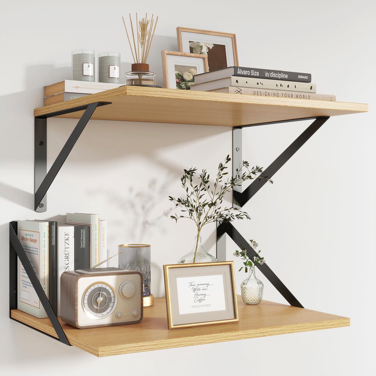 SnelShoppen - Set van 2 Feihorrm Eiken Planken, Zwevende Planken 40 cm voor Muur, 30 cm Diep, Houten Boekenplank, Spaanplaat voor Woonkamer, Keuken, B