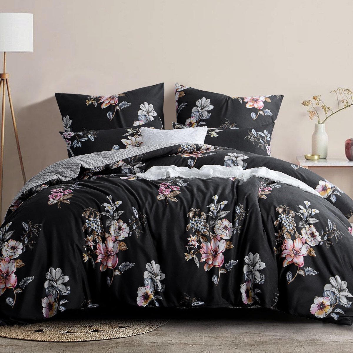 SnelShoppen - Beddengoed 200x220 3-delig zwart - Dekbedovertrekken met Bloemenpatroon, Microvezel, Zacht, Strijkvrij, Voor Volwassenen en Kinderen