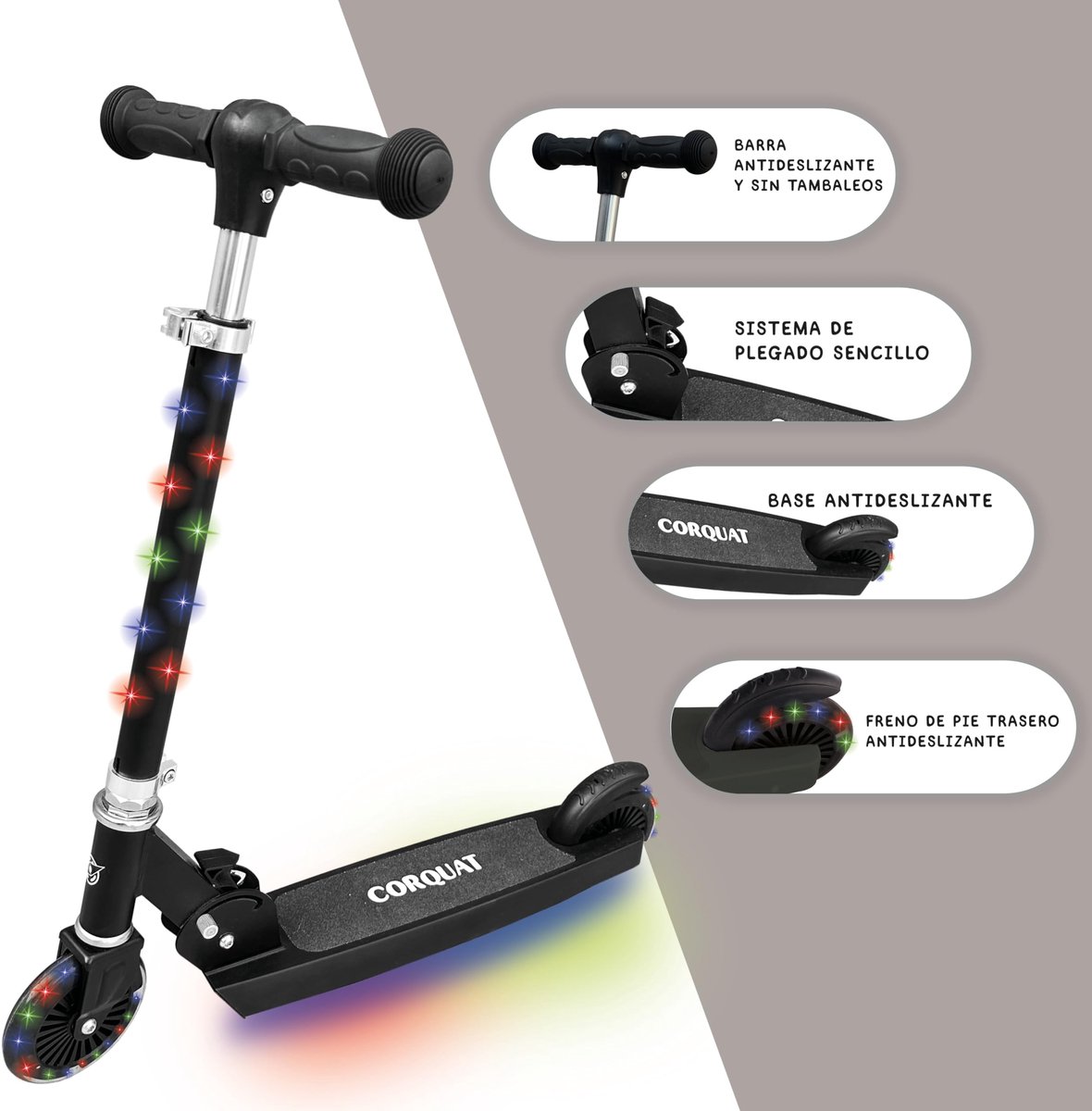 SnelShoppen - CORQUAT Scooter met LED-verlichting, inklapbaar en in hoogte verstelbaar, voor kinderen van 3-10 jaar, 60 kg capaciteit, perfect voor bu