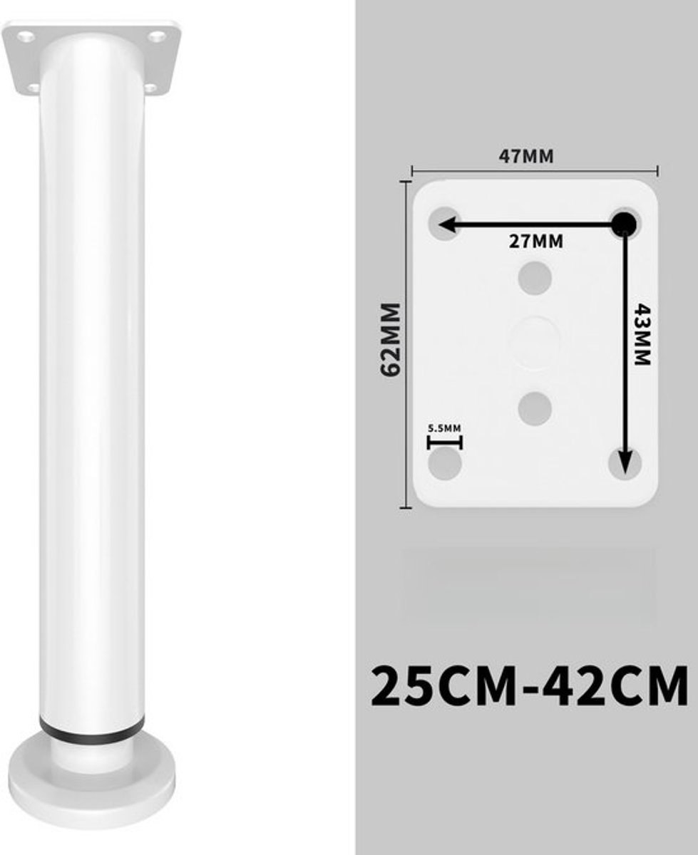 4 stuks (wit) verstelbare meubel-/bank-/kastpoten, in hoogte verstelbaar (25-42 cm), vervangbare meubelpoten, geschikt voor kaptafels/banken/bedden/stoelen, meubelpoten, tafelhoogteverhogers