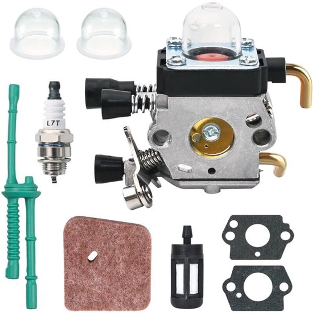 Carburateurrevisiesets geschikt voor bosmaaiers FS38, FS55, FS45, FS46, FC55, KM55 en HS45; geschikte onderdelen geschikt voor FS 38 carburateurs, inclusief pakkingen, bougies, luchtfilters en brandstoffilters.