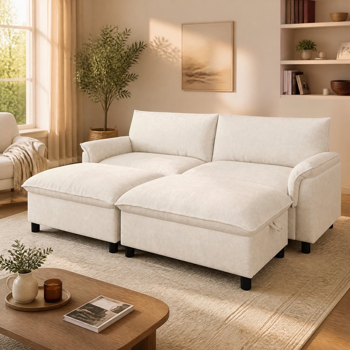 REDOM - U-bank - Modulair cloud-sofa met 2 verplaatsbare hockers en verborgen opbergruimte