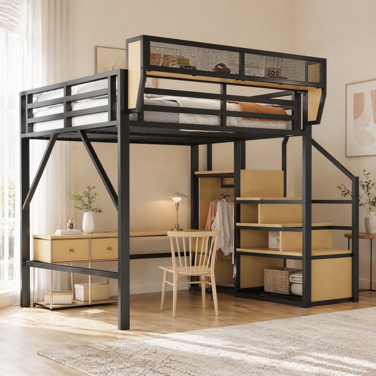 COVREO Hoogslaper 140x200 cm zwart MDF en metaal met trap zonder matras