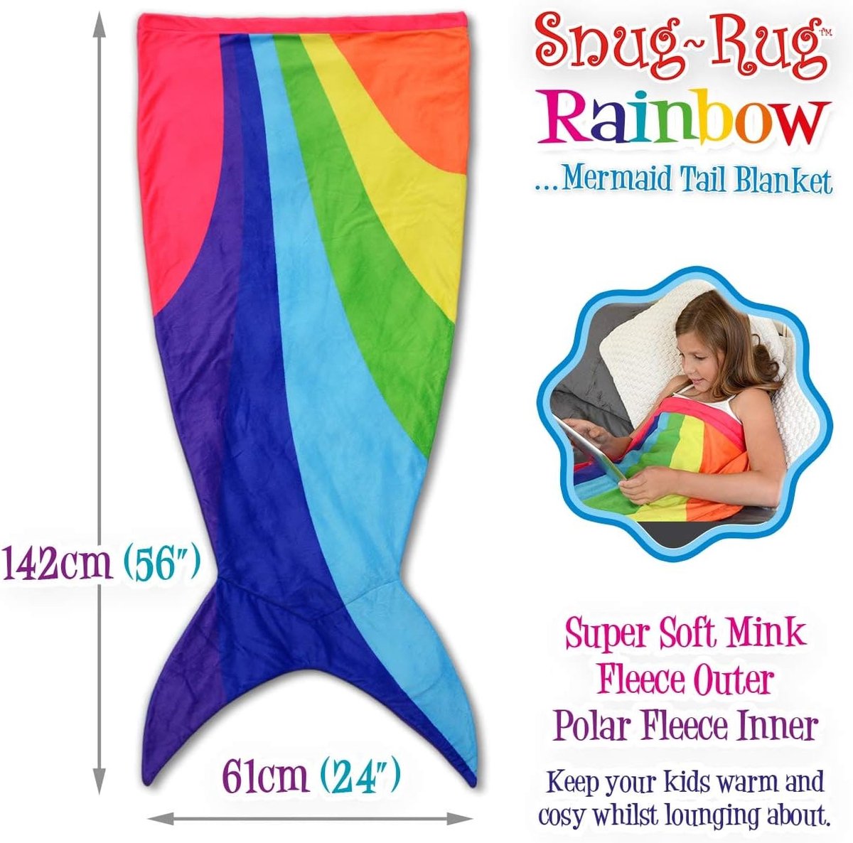 SnelShoppen - Snug Rug Regenboog Zeemeerminstaart Deken - Veelkleurige Superzachte Nerts Fleece - Tot 1,5 m Lang - Polyester - 61 x 5 x 142 cm - Perfe