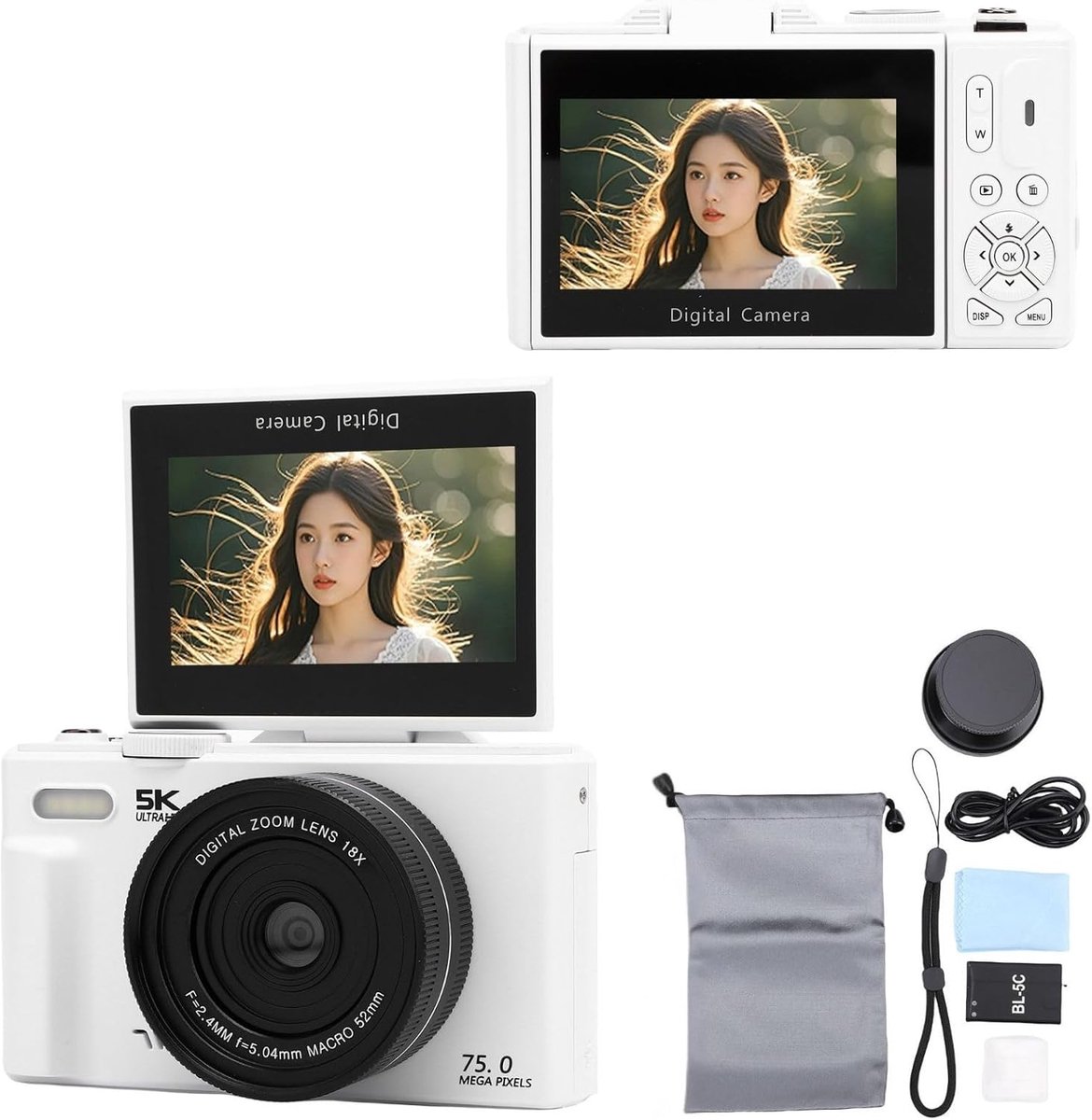 SnelShoppen - Digitale Camera 5K 75MP met WiFi, 18x Zoom, Auto Focus HD Vlogging Camera met 3 Inch 180° Flip Screen, Macro Lens, LED Vullicht, Beauty