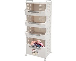 4-Laags Wasmand met 360° Stille Wielen – Opvouwbaar Wasrek en Kledingopbergrek voor Woonkamer en Badkamer – Wit