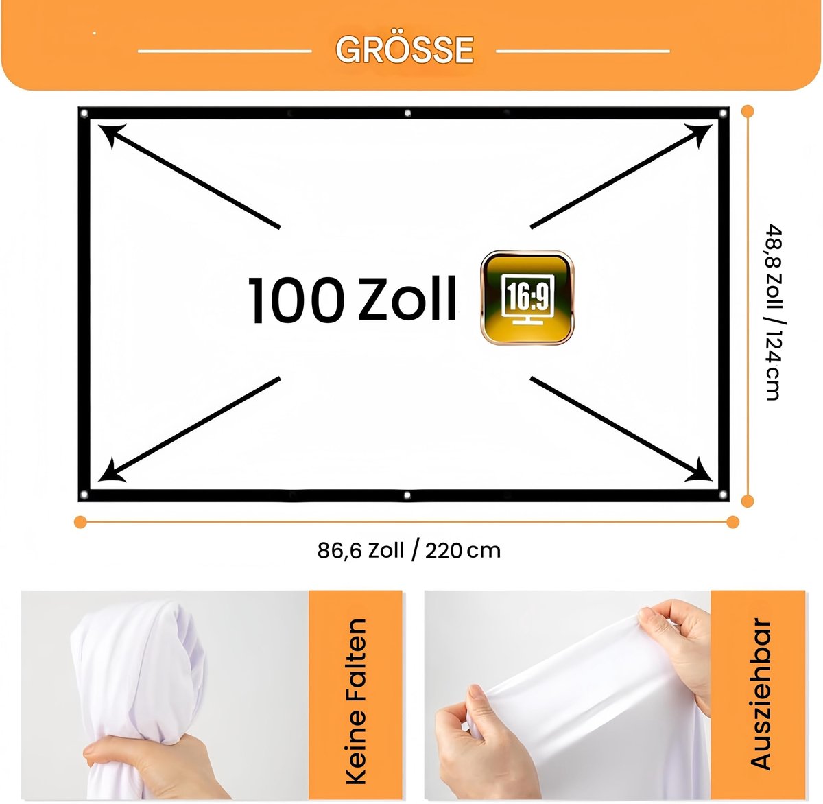 SnelShoppen - 100 inch Tarent Leinwand Beamer, 16:9 HD Projectiescherm, Opvouwbaar en Kreukvrij, Draagbaar voor Thuisbioscoop, Tuin, Camping en Kantoo