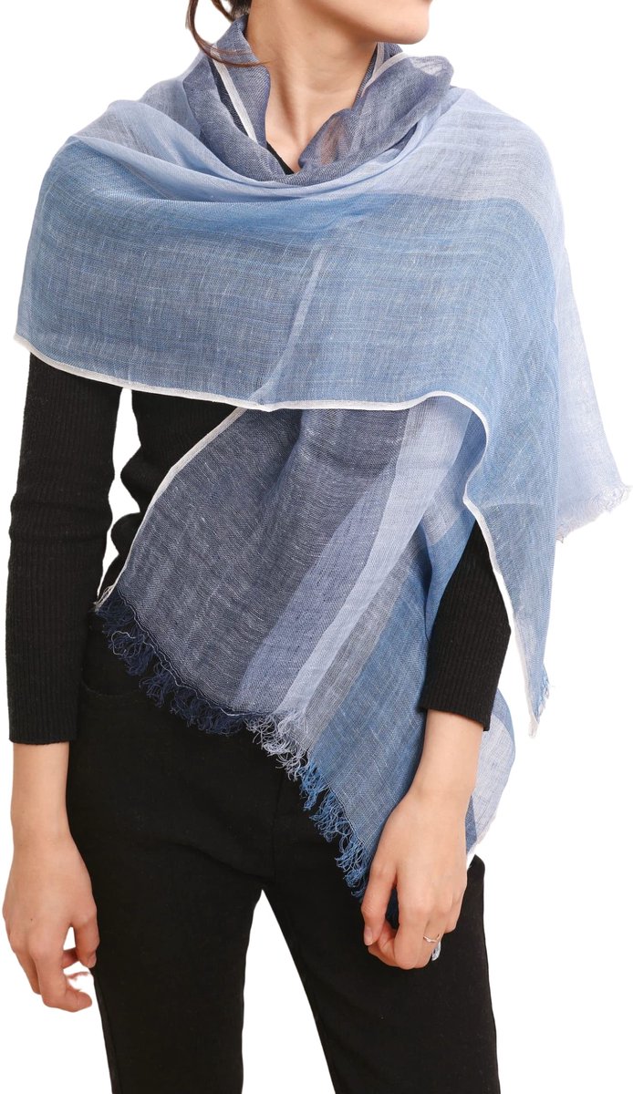SnelShoppen - 200 cm lange geruite XXL-sjaal 100% linnen met franjes - Casual blauw voor elke gelegenheid, perfect voor feest, vakantie, of dagelijks