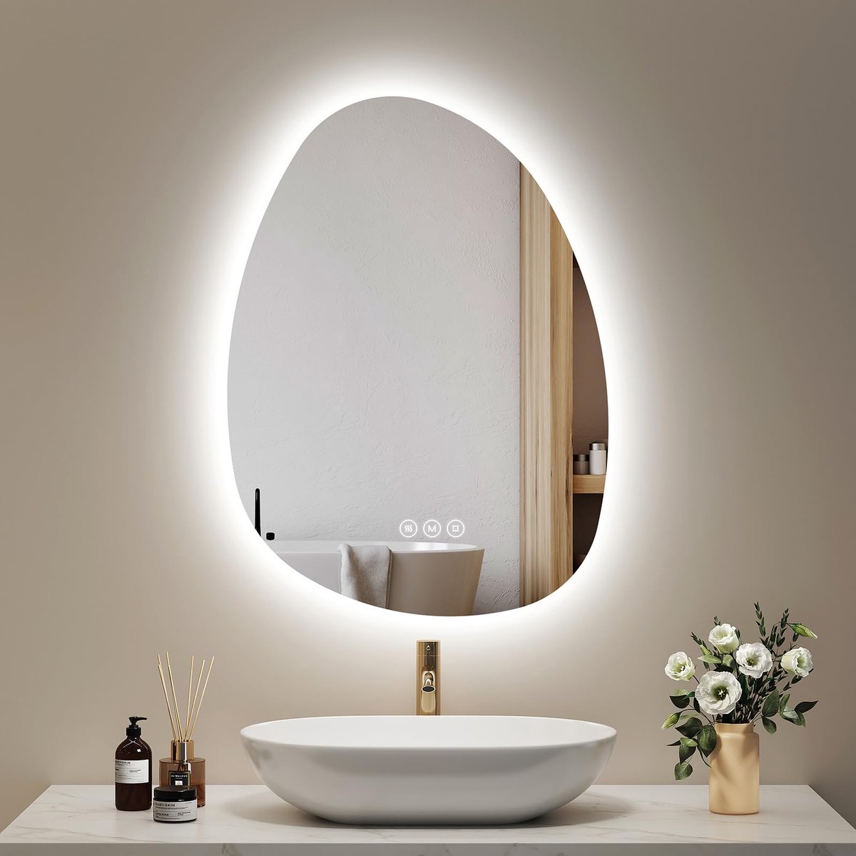 SnelShoppen - Badkamerspiegel met verlichting 75 x 55 cm, Dimbare LED Spiegel met 3 Lichtkleuren, Condensvrij, Asymmetrisch Ontwerp, IP44, Energiebesp