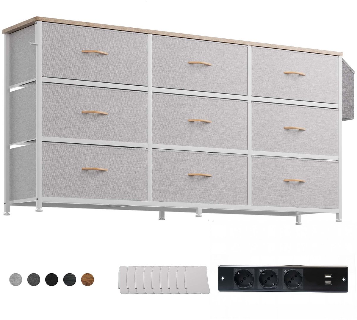SnelShoppen - PURFINO Stoffen Ladekast Commode - Groot TV-Meubel voor 43-60 Inch TV's met 9 Laden, Etiketkaarten, Zijvak & Haak - Geurvrije Opbergunit