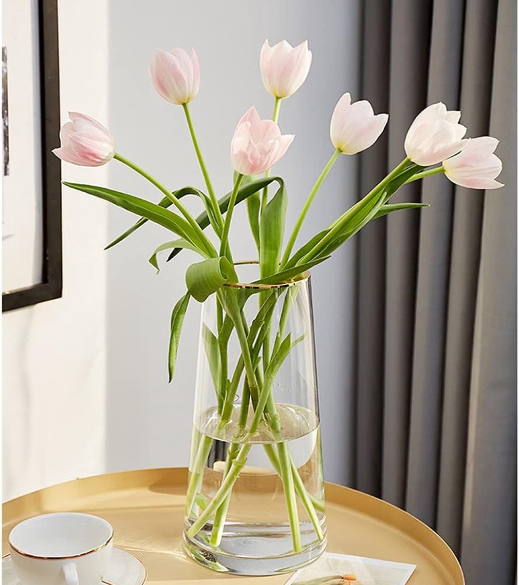 SnelShoppen - Doorzichtige Glazen Bloemenvaas met Gouden Mond voor Centerpieces - Grote Decoratie voor Bruiloft, Feest, Thuis - 5,2" x 9,9"