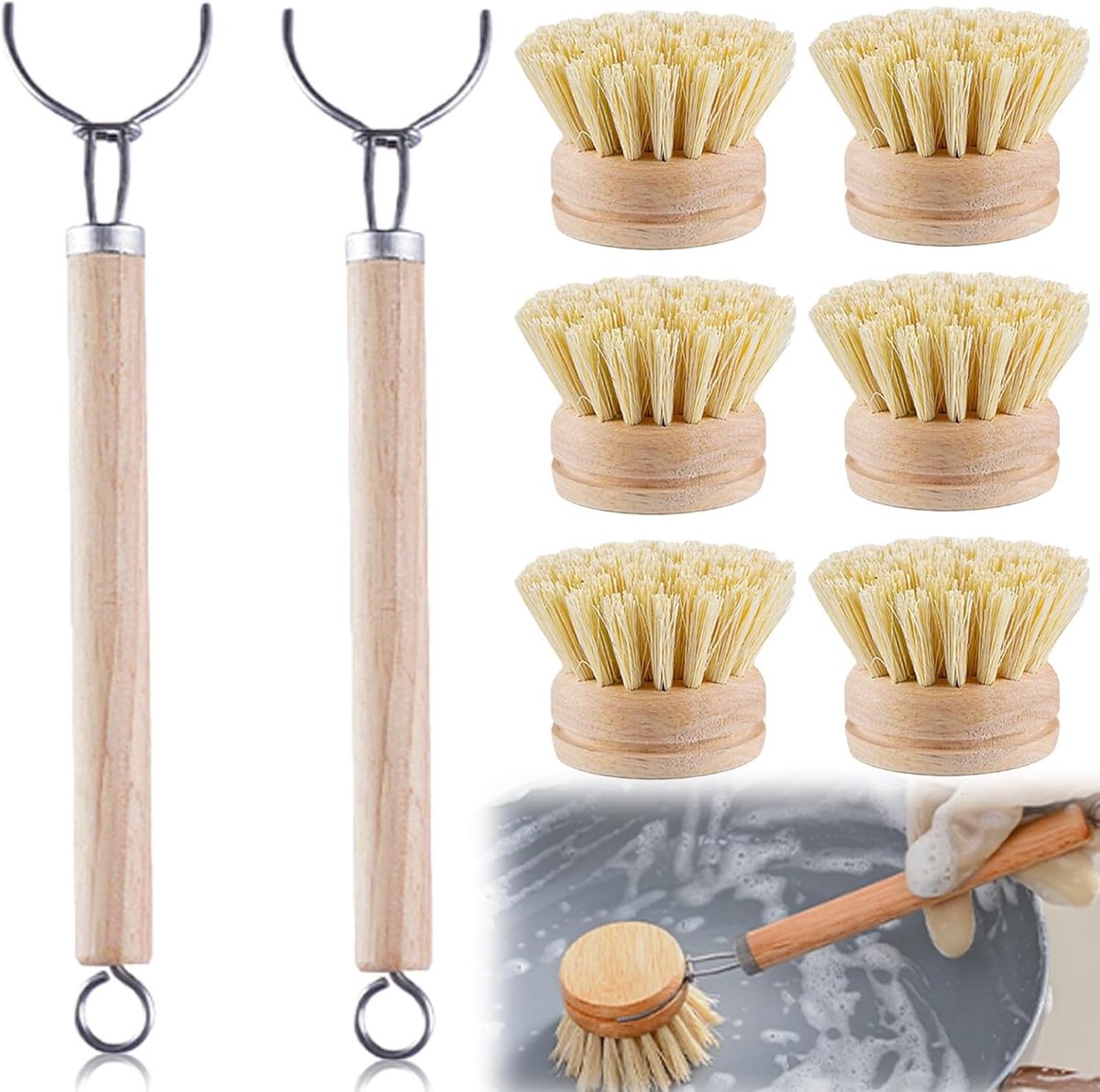 Houten afwasborstel met verwisselbare borstelkoppen, set van 3, ideaal voor keuken en schoonmaak