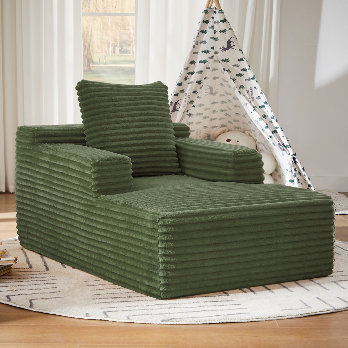 OKWISH Chaise Longue - 117 x 81 x 50 cm - 1-Zits Relaxstoel Zonder Montage - Ribstof - Voor Woonkamer Of Kantoor - Groen