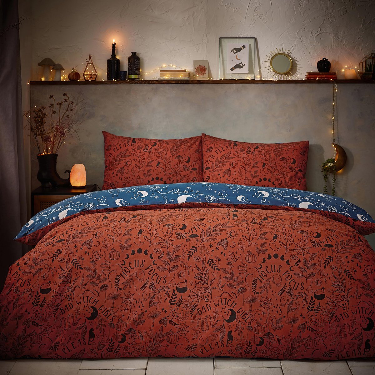 SnelShoppen - Dubbel Dekbedovertrek voor Volwassenen - Witchy Vibes - Rust Oranje - Katoen - 2 Persoons - Slaapkamer Decoratie - Trendy en Comfortabel