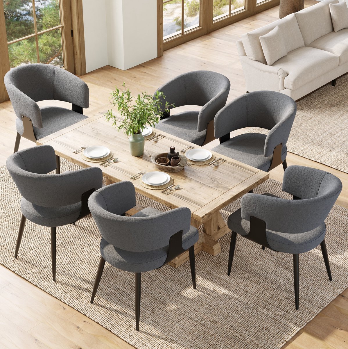 MEUNIQ Set van 6 grijze eetkamerstoelen met armleuningen, gebogen rugleuning, zachte zitting, metalen poten en 81,5 cm hoogte voor eetkamer Grey