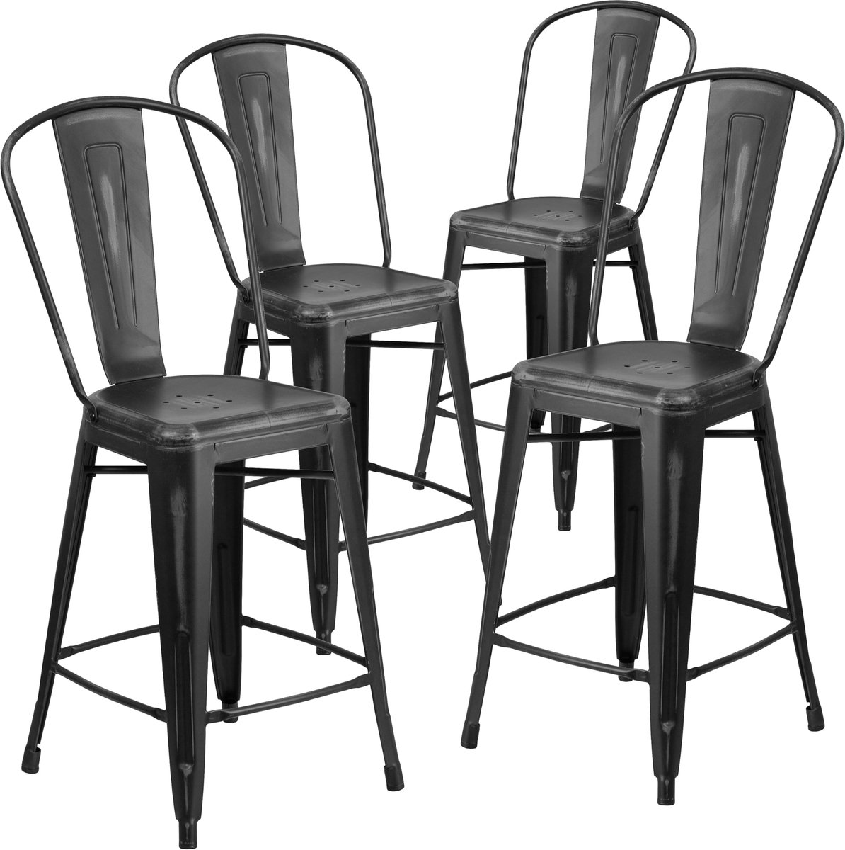 SnelShoppen - 4 Stuks 24'' Hoge Zwarte Metalen Krukken voor Binnen en Buiten, Stoelen met Rugleuning, Gebruiksklaar voor Tuin, Keuken, Feest en Campin