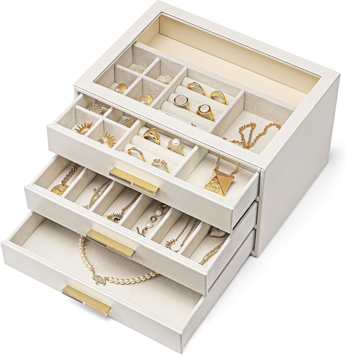 Sieradendoos - Juwelendoos Organizer - Sieraden Opbergen - 3 Lagen Indeling - Grote Capaciteit - Beige