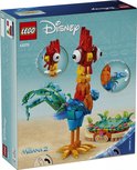 Boîte du kit LEGO Disney Vaiana 2 Heihei, montrant un grand poulet rouge, jaune et bleu et Moana.