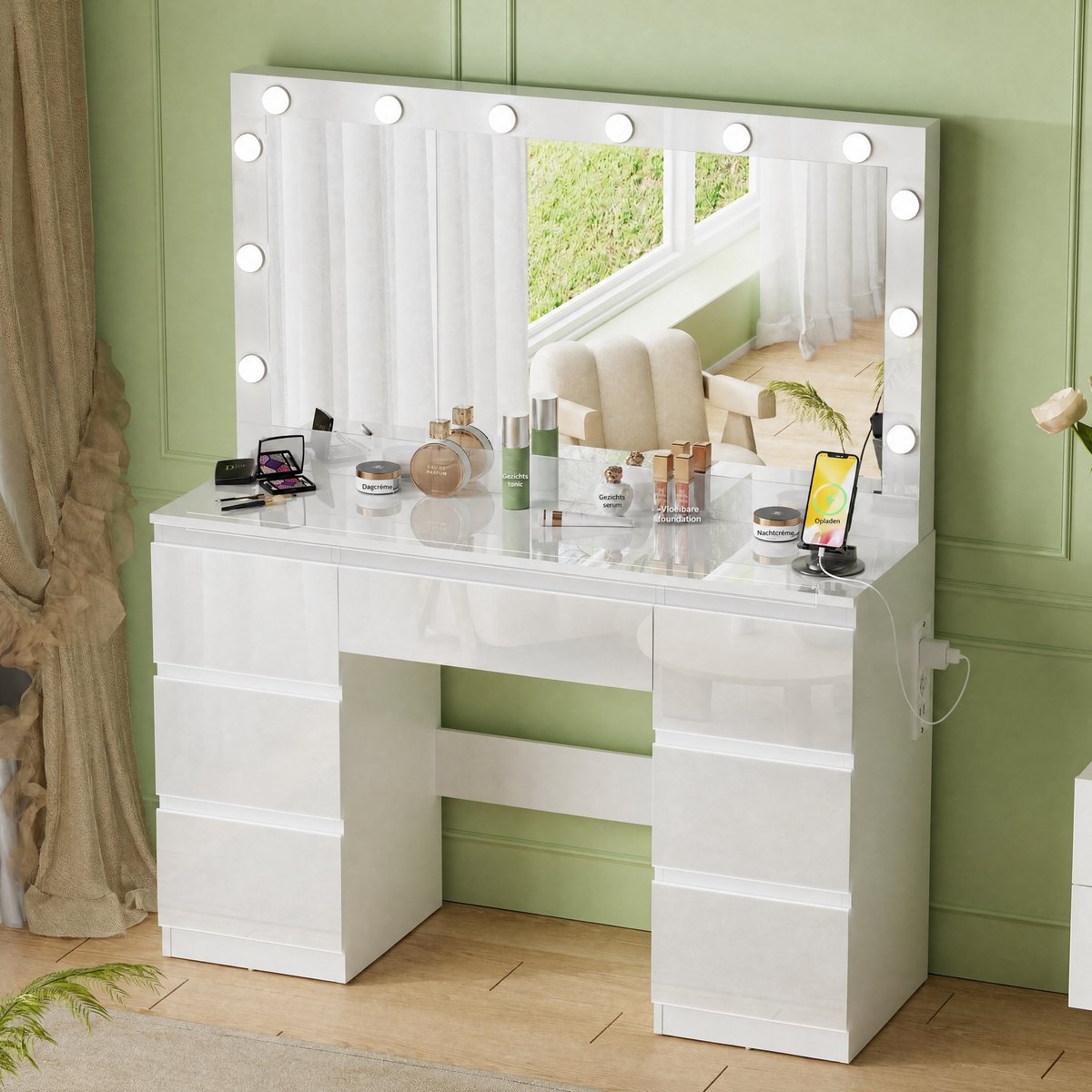 Devoko Kaptafel 120x40x140 cm - Grote Spiegel met 12 LED-lampen, Verborgen Sieradenopbergruimte, 7 Lades en Stopcontacten - Wit Hoogglans