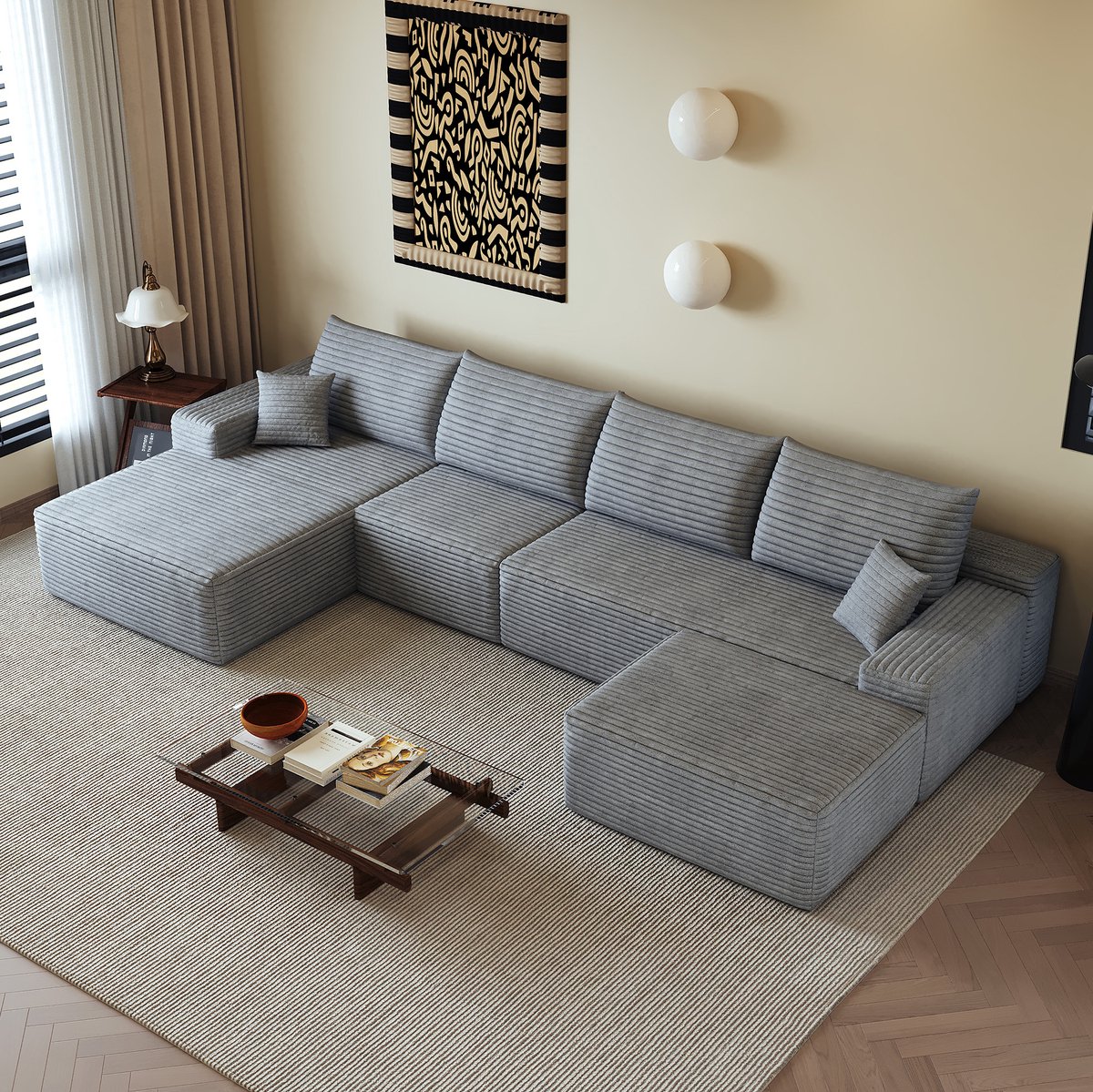 OKWISH Hoekbank 340 Cm - Modulaire Bank Met L-Vormige Chaise Longue En Diepe Zitting - Zonder Montage - Voor Woonkamer Of Slaapkamer - Stof - Grijs