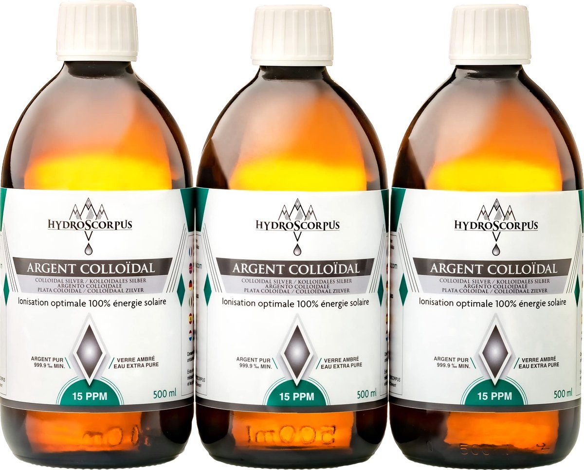 SnelShoppen - Colloïdaal Zilver 15 PPM - 3 x 500 ml Glazen Flessen - 100% Natuurlijk Oligo-element - Biologisch Beschikbaar - Ionisatie op Zonne-energ