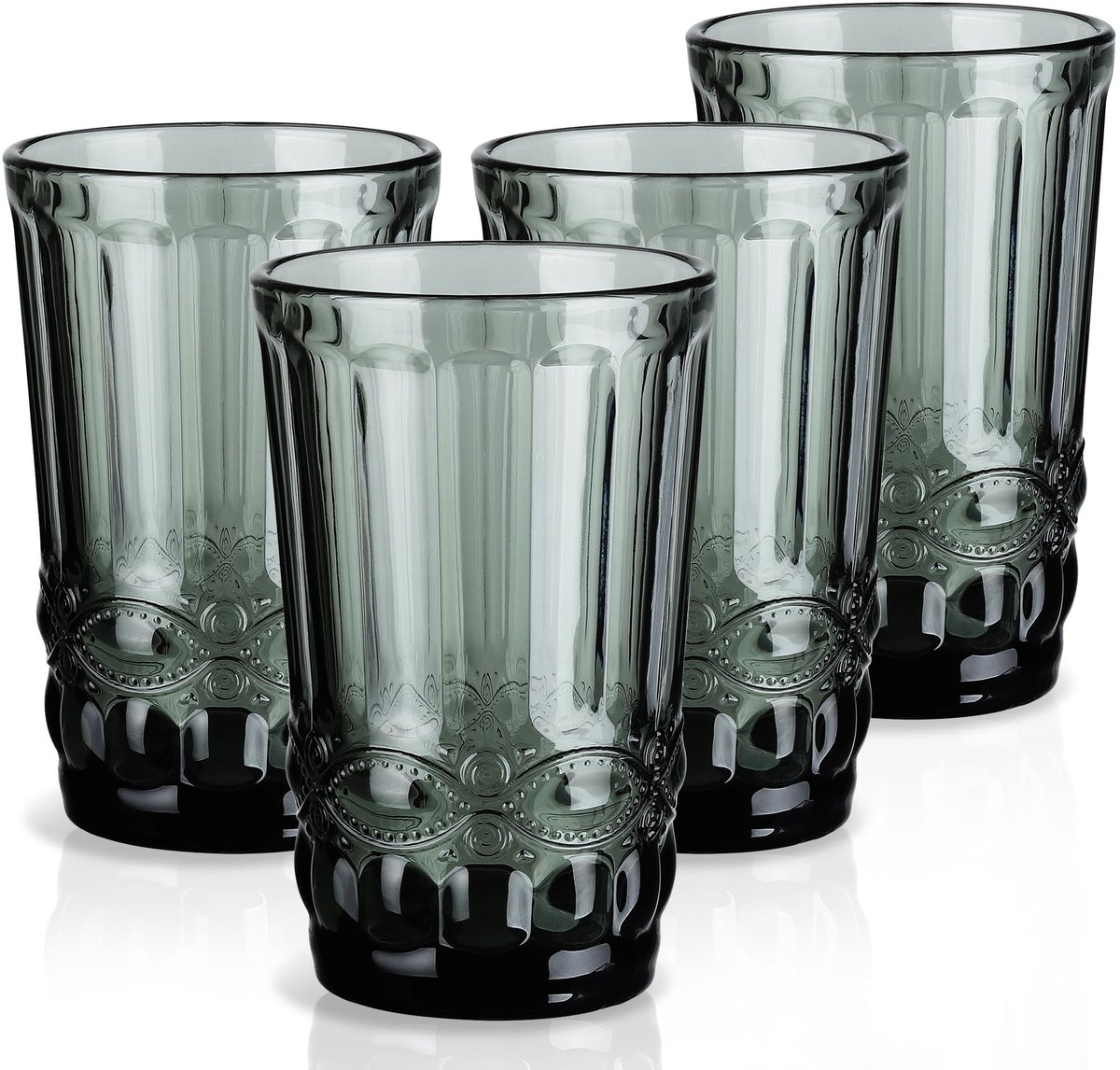 SnelShoppen - Set van 4 Vintage Grijze Drinkglazen 410 ml met Reliëf Serpentinepatroon - Kleurrijke Waterglazen voor Feestjes, Bruiloften, Banketten,