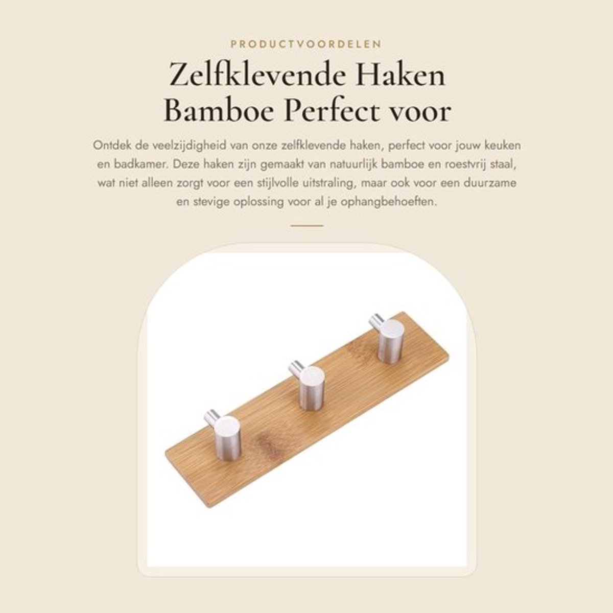 Haak - Zelfklevende Haken - Houten/RVS Wandhaak - Keuken/Badkamer - Drie Haken - Hoogwaardige Materialen
