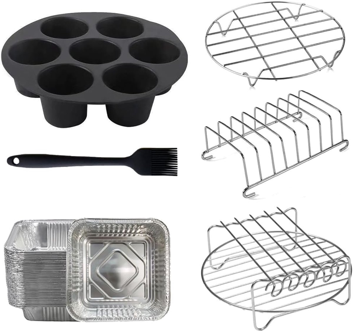 SnelShoppen 9 Air Fryer Accessoires Set 6-delig voor 5.3-6.8QT Airfryers Inclusief Egg Bites Mold Toasting Rack Skewer Rack Bread Rack Oil Br