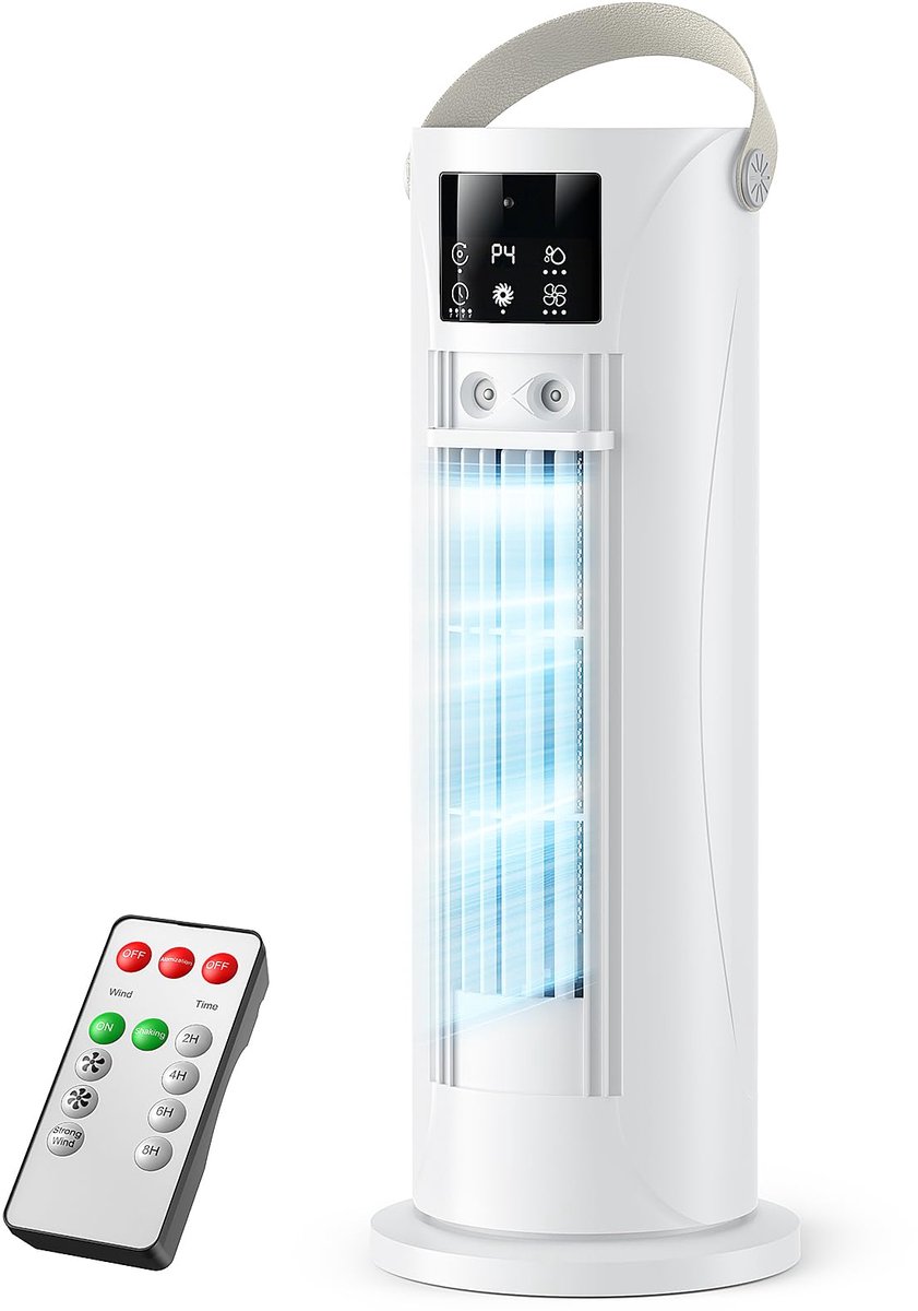 SnelShoppen - Mobiele Airconditioning 28 dB Stil Luchtkoeler met Stormmodus, Oscillatie 120°, 4 Snelheden, 3D Natuurlijke Wind, Slaapstand, 2 Vernevel