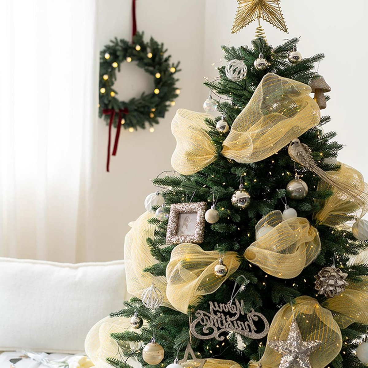 Kerstlint Gouden Lametta - Decoratieband Slinger - Kerstboom Versieren - Extra Breed Poly-Mesh - 27 cm x 9 m - Goud – foto 2