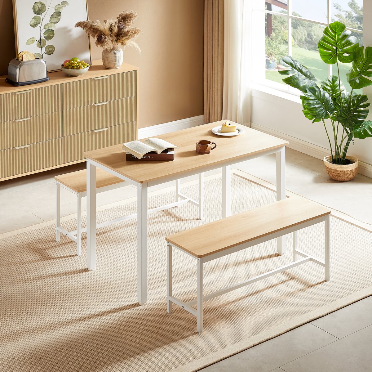 MEUNIQ eetkamer set met tafel en 2 banken 110 x 60 x 75 cm, industriële uitstraling, naturel en wit, voor keuken en woonkamer