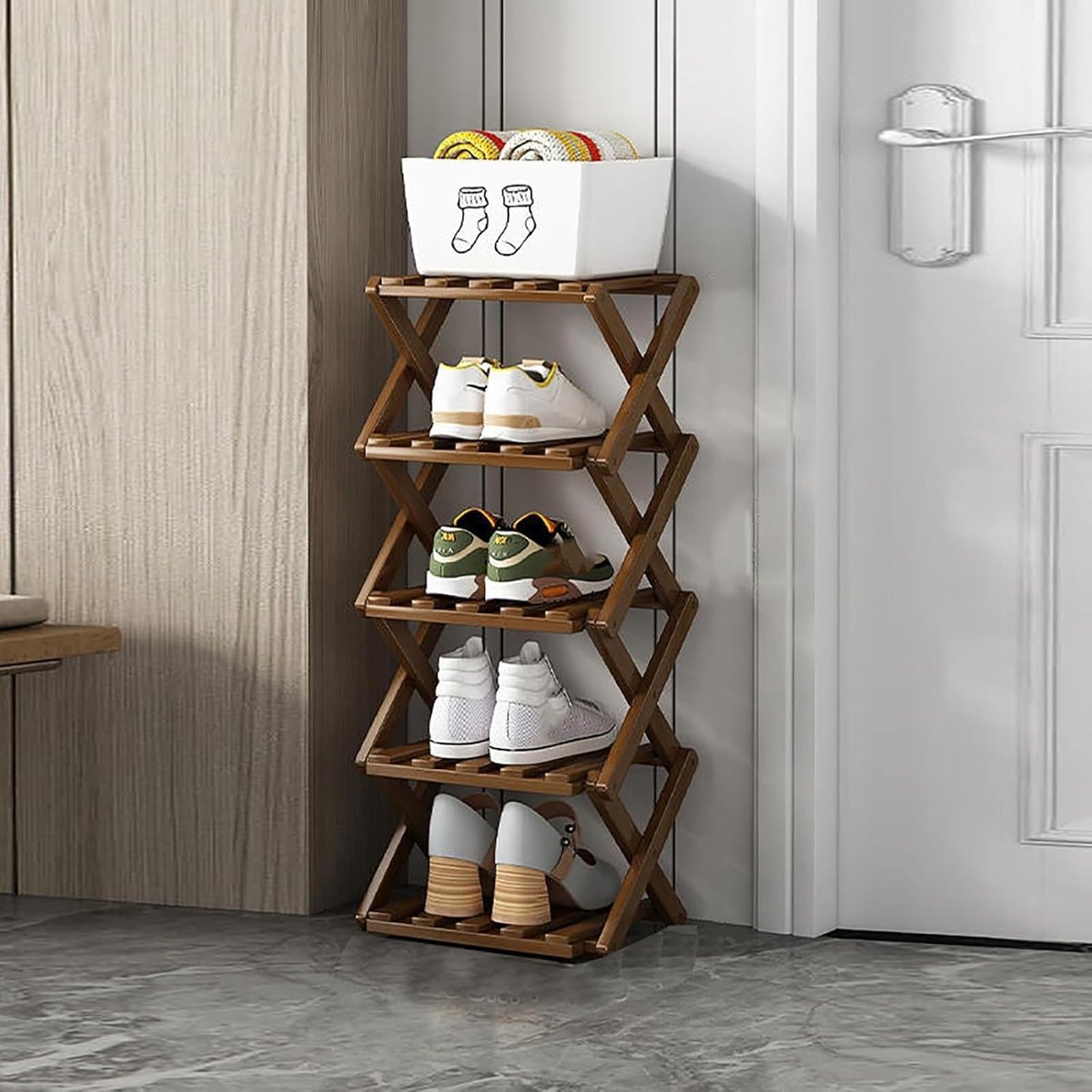SnelShoppen - Opvouwbaar Bamboe Schoenenrek - Multifunctioneel 5 Niveaus Schoenhouder voor Ingang, Kast, Slaapkamer en Hal - Natuurlijke Kleur en Func