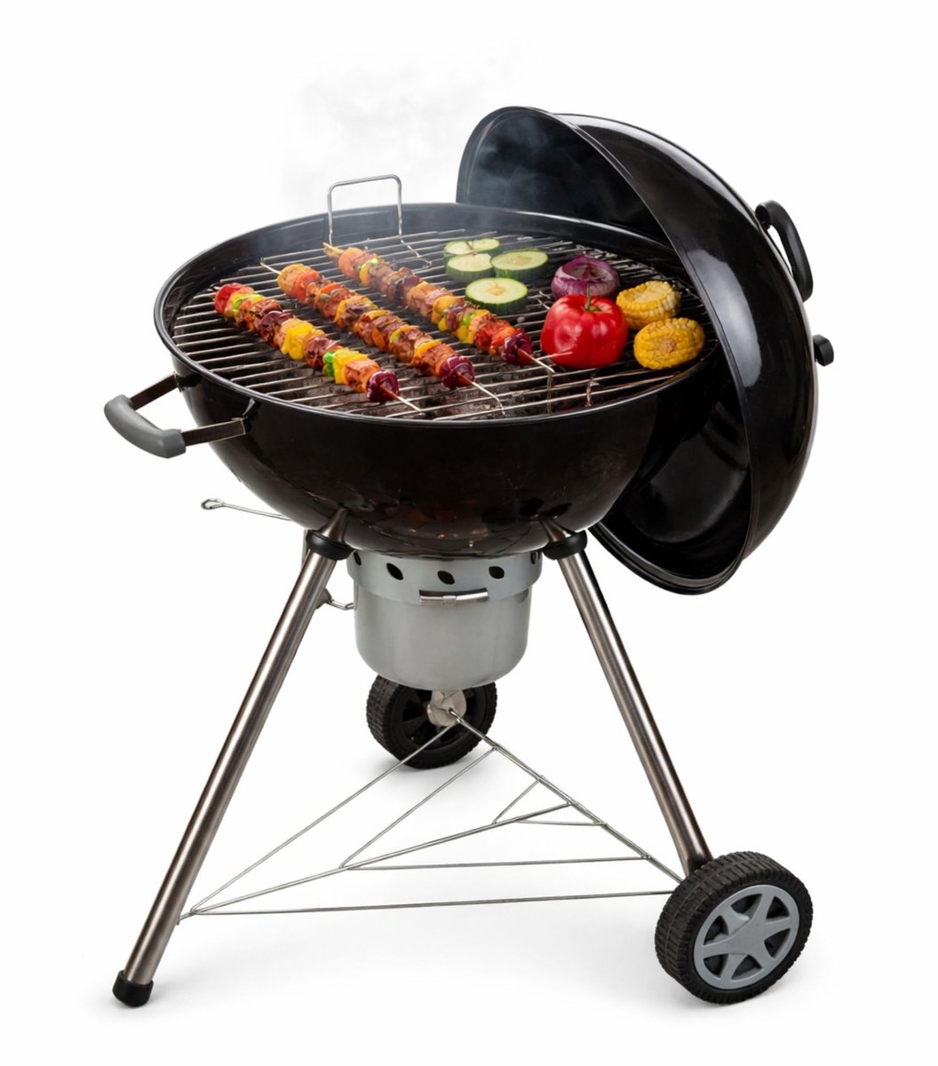 SnelShoppen - Draagbare Houtskoolbarbecue Ronde BBQ met Deksel en Wielen - Ventilatiesysteem, Aslade en Stalen Grillrooster Ø53,5 cm - Ideaal voor Tui