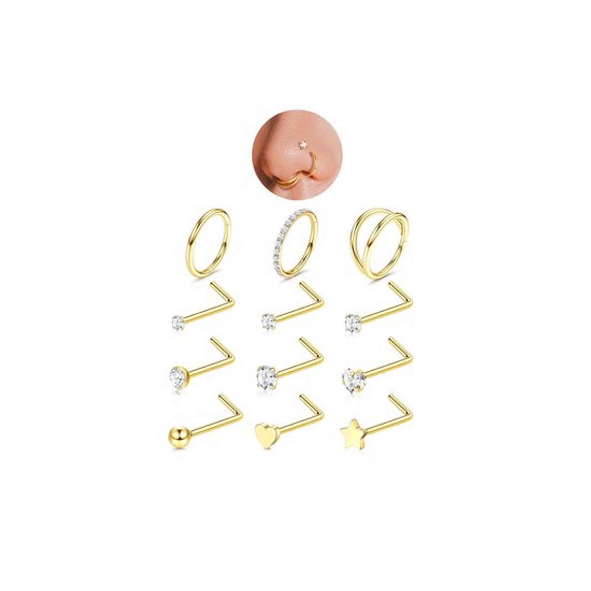 Neuspiercing Set 12 Stuks - Gouden/Zilveren Neusringen - Hypoallergeen Chirurgisch Staal - L-vormige Neusstuds - Draagmogelijkheden - 18G (1.0mm)