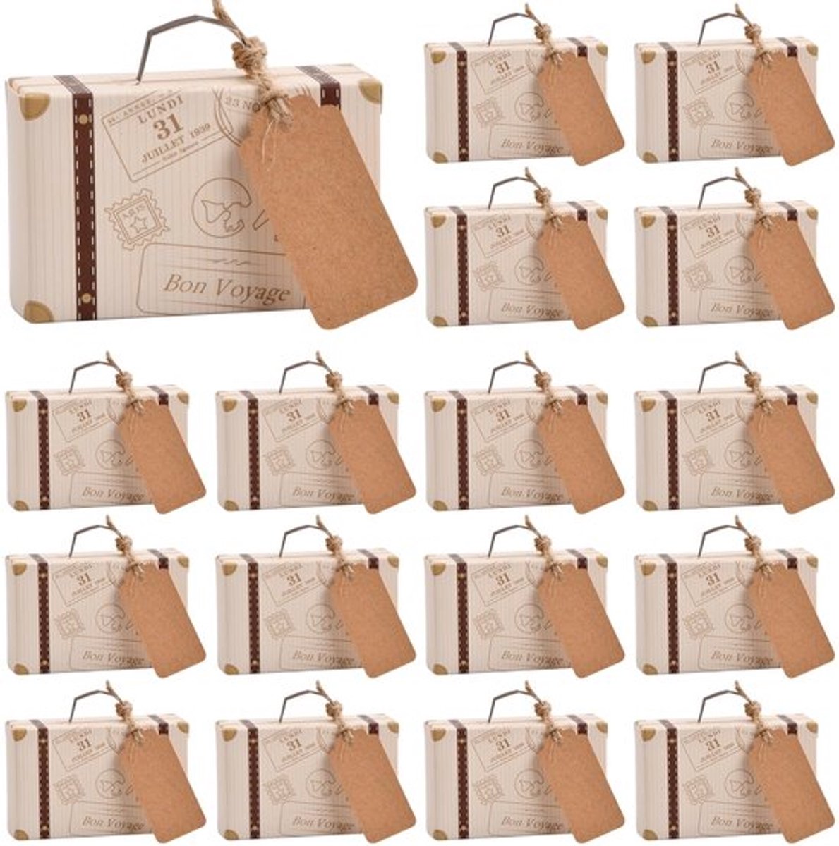 Tibapla 50 stuks mini-koffers, gastgeschenken, bruiloftsdoosjes, 8 × 5 × 3 cm, vintage kraftpapier, geschenkdoos met labels en jute koord voor bruiloft, verjaardag, feest, doop, babyshower, babyshower