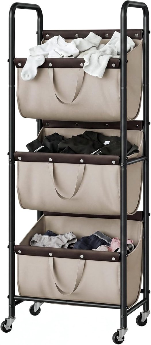 SnelShoppen - Wasmand met 3 Vakken op Wieltjes, Praktische Wasoplossing voor Studentenkamers, Badkamers en Slaapkamers, Kaki, Ruimtebesparend en Organ