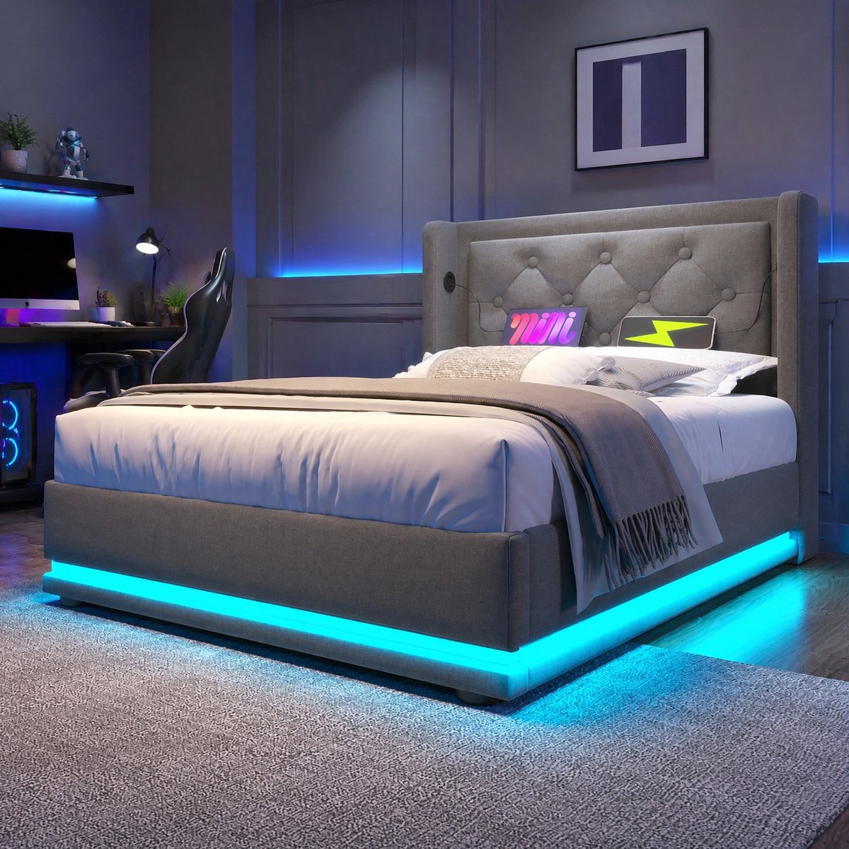 COVREO Bedframe 90x200 cm grijs, USB-C, LED, opbergruimte, zonder matras