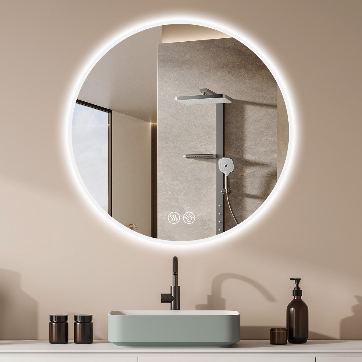 Badkamerspiegel Rond 70 cm - Led - Anti Condens - Dimbaar - 3 Kleurstanden - Touchbediening - Zilver