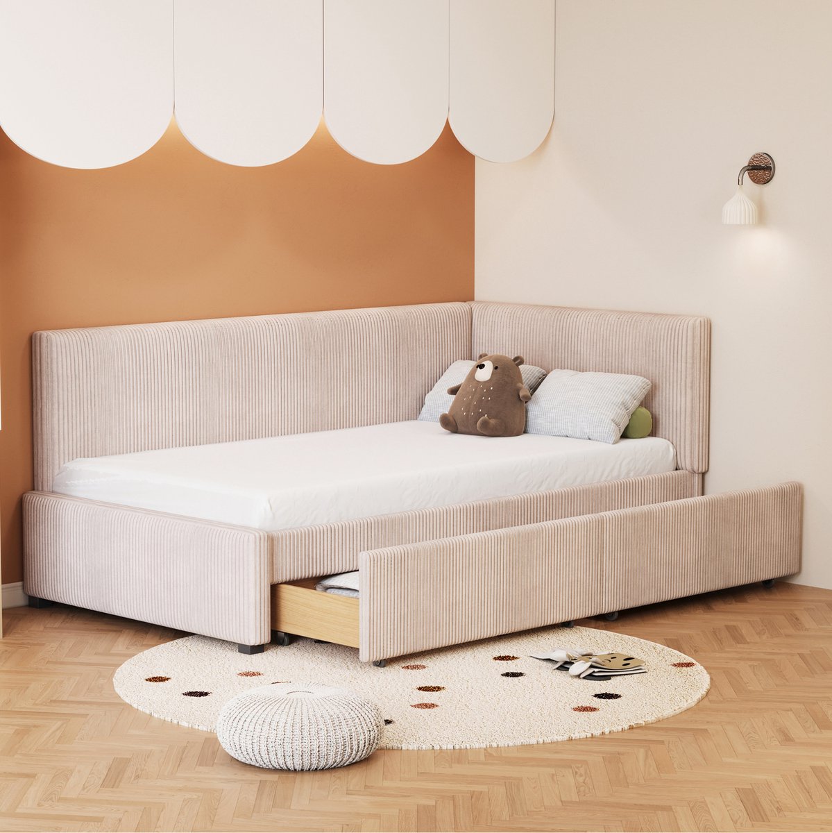 COVREO Slaapbank 205x97x68 cm - beige stof, lattenbodem, 2 opberglades, geschikt voor 90x200 cm